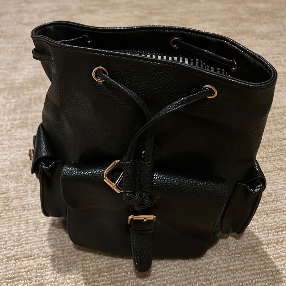 Black Leather Gold Stud Strapped Backpack